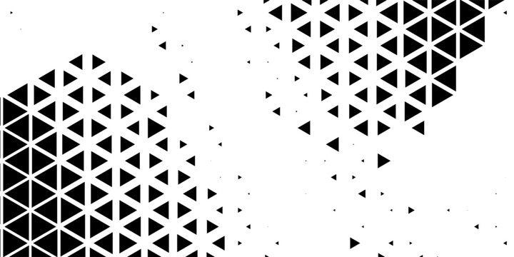Fading triangle halftone texture gradient pattern. Abstract diagonal geometric background. Tech mosaic triangular halfton gradation. Vector vanishing corner arrow wallpaper for banner  booklet  poster