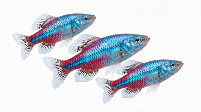 Neon tetra fish school on white background, vibrant blue and red tropical freshwater fish, group of three aquarium pets