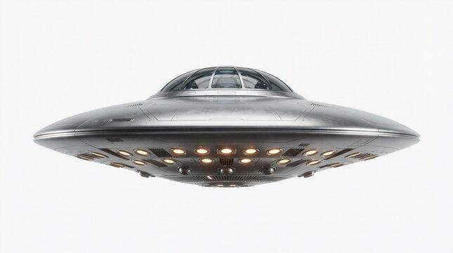 Metallic UFO flying saucer with glowing lights, silver alien spacecraft on white background, futuristic sci-fi transport vessel