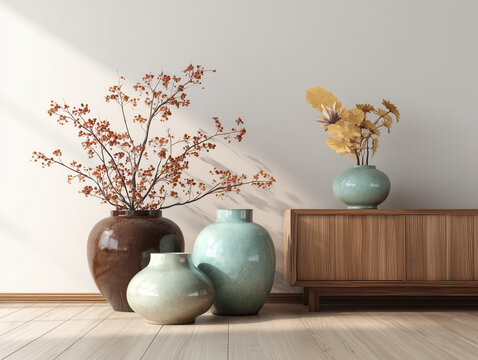Modern Korean minimalist living room decorated for an autumn cultural celebration, ceramic vases, flowers, warm wooden furniture, elegant interior, natural light, photorealistic, no people