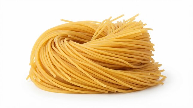 Raw spaghetti pasta nest on white background, dry yellow italian noodles, uncooked organic durum wheat pasta for cooking