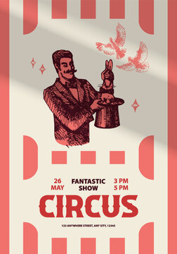 Hand drawn retro circus show poster design. Vintage sketch vector illustration. Carnival and amusement background