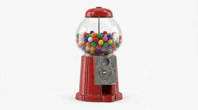 Vintage red gumball machine, classic bubblegum dispenser with colorful candy, retro vending machine on white background