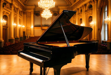 Fototapeta premium Classical music performance and grand concert hall, elegant piano on stage with ornate architecture and chandeliers