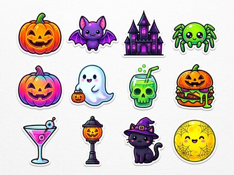 Neon Halloween Sticker Set - 12 Bold Chibi Vector Elements arranged in a 4x3 grid layout