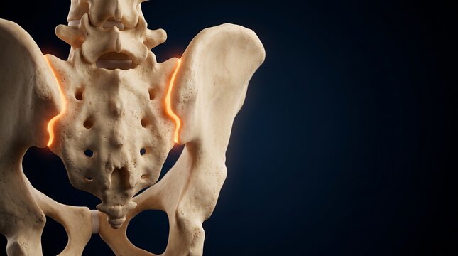 3D rendering of the human sacrum and pelvis, highlighting the sacroiliac joints, on a dark background.