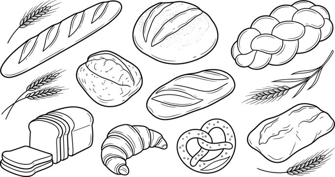 Bakery fresh bread wheat outline vector set with baguette loaf braided challah bun sliced toast croissant and pretzel,