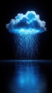 Glowing blue cloud pours digital data stream like rain onto dark surface. Abstract cyber concept shows information flow, binary code download, cloud computing process. Virtual network transfer, big