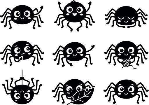 Black Spider Silhouettes With Smiling Faces Vector Illustration