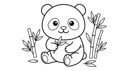 Cute baby panda bear sitting and eating bamboo leaves in a simple black and white drawing © GDBOSS201
