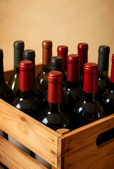 Naklejka premium Wine bottles in a wooden crate wine tasting and cellar storage beverage industry and retail close up of red and green caps