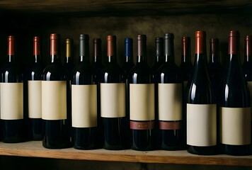 Naklejka premium Wine cellar collection, red wine bottles with blank labels on a wooden shelf, luxury beverage and tasting