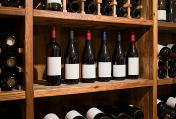 Naklejka premium Wine cellar storage and collection, red wine bottles with blank labels on wooden shelves, luxury beverage and tasting