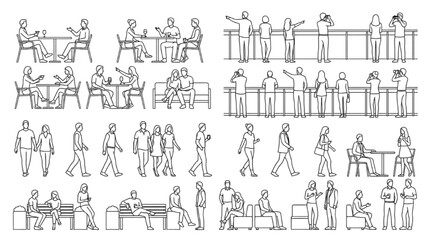 Naklejka premium People Sitting Cafe Bench Railing CAD Architectural Scale Figures Line Drawing 