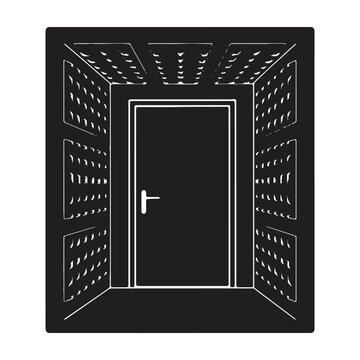Black and white of a closed door centered in a room with patterned walls, isolated on a white background, for interior concepts