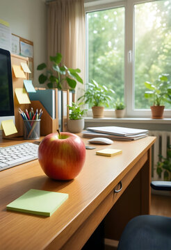 Healthy work environment and productivity, fresh red apple on a clean wooden desk in a home office with natural light