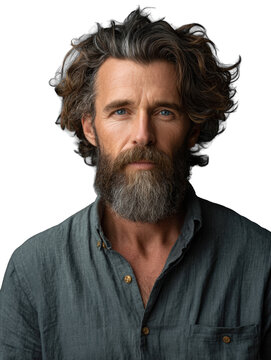 Studio headshot of rugged middle aged man with curly hair and full gray beard looking at camera