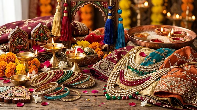 Traditional indian jewelry and lamps for bollywood day festivities