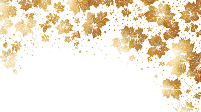 Gold botanical leaf border frame with scattered confetti dots and wide copy space