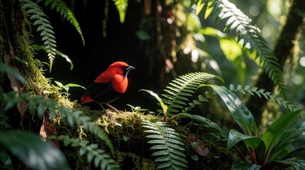 Naklejka premium Vibrant red bird rests on mossy branch in lush green forest. Sunlight filters through dense foliage creating dappled light on ferns and plants.