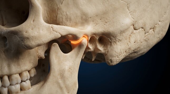 Detailed anatomical illustration of the human temporomandibular joint (TMJ) with a highlighted articulation.