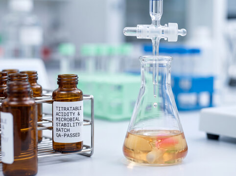 Laboratory Glassware Titrator Dropping Reagent Solution Into Conical Flask In Lab