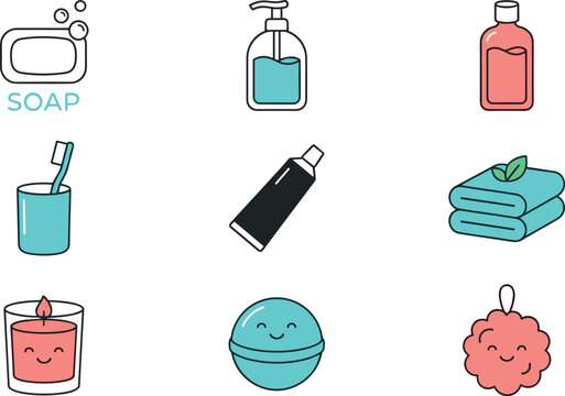 Bathroom and Personal Hygiene Icon Set with Cute Spa Elements Soap Toothbrush Towel and Scented Candle for Daily Body Care Graphics