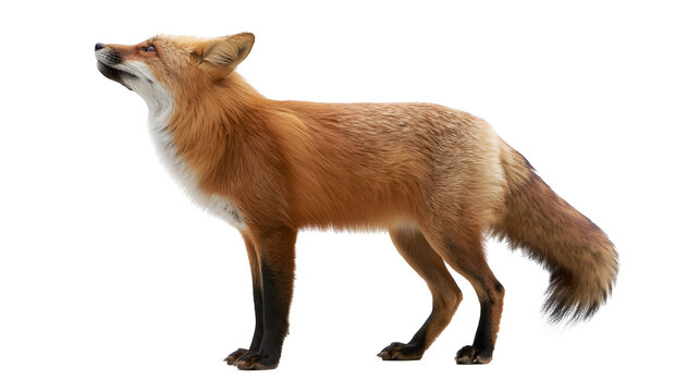 Red fox standing profile view looking up