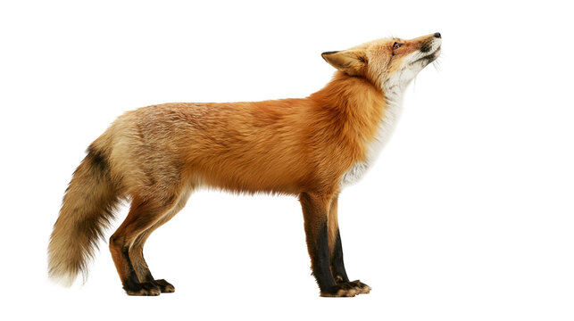 Red fox standing profile looking up with alert ears