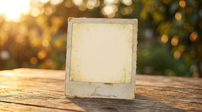 Vintage blank photo frame mockup on a wooden table with outdoor bokeh background.
