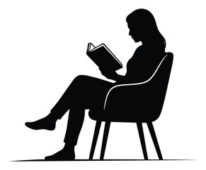 Fototapeta premium Woman sitting in chair reading book silhouette isolated on white background with copy space
