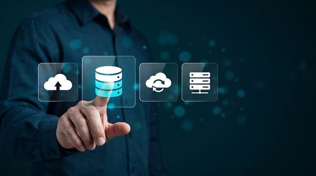 Businessman touching database and cloud storage icons on virtual screen interface for cloud computing and data management concept
