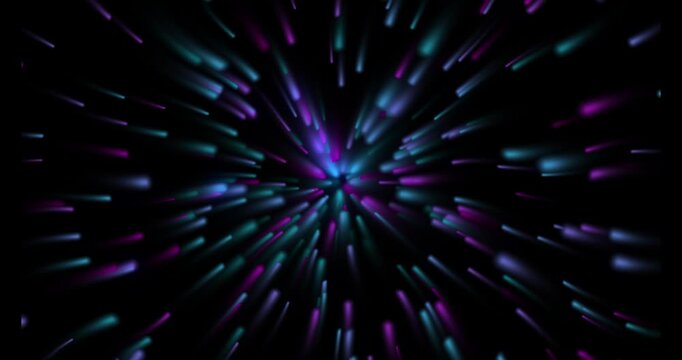 Hypnotic tunnel of blue and purple glowing light streaks moving outward from center