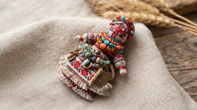 Traditional motanka doll with colorful beads, handcrafted folk art doll on linen fabric, ethnic textile souvenir with embroidery