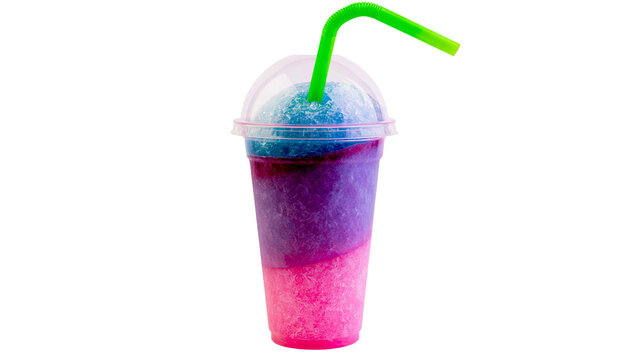 Layered slushy drink with blue purple, and pink colors in a clear plastic cup with dome lid and green straw