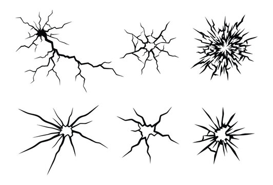 Set of six cracked glass textures with radiating fracture lines on white background abstract graphic