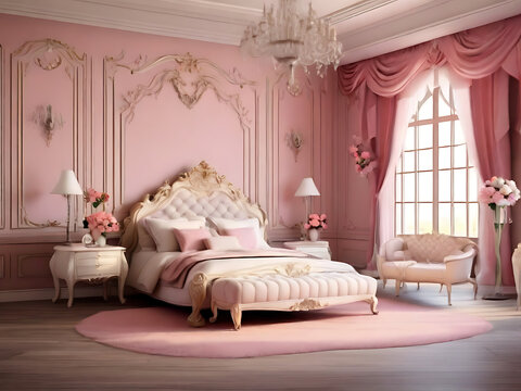 Luxury bedroom design showcasing classic pink and white theme with rococo furniture and elegant molding suitable for high end residential home styling concepts.