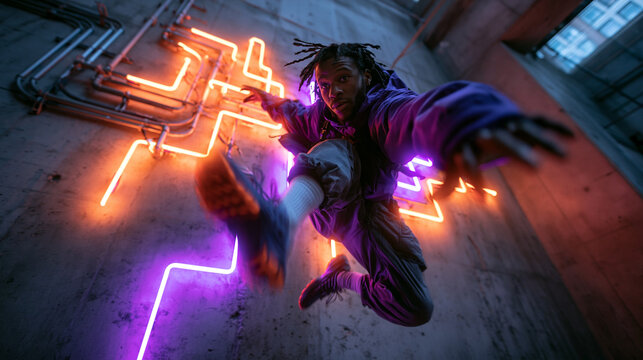Urban Dancer Jumping in Action Near Glowing Neon Lights