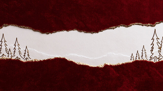 Christmas Background with Torn Velvet and Golden Pine Trees
