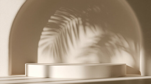 Empty Podium with Arch Alcove and Palm Leaf Shadow