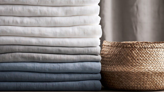 Stack of Folded Linen Fabric and Woven Basket