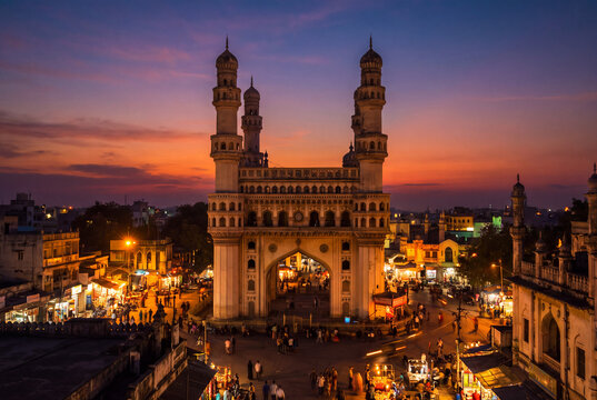 Hyderabad Charminar at Dusk with City Lights