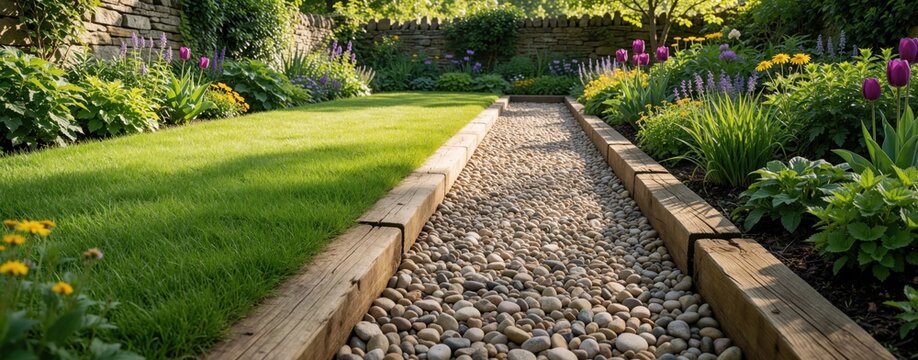 Garden path made of smooth river stones runs alongside vibrant green lawn and wooden border. Rich foliage plants create natural outdoor space design.