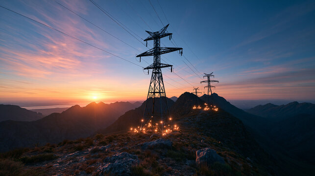 Electricity Transmission Towers on Mountain Ridge at Sunset