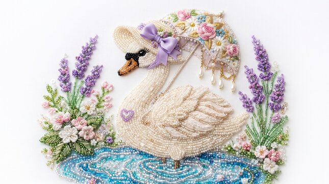 Vintage embroidery swan with floral bonnet and parasol, elegant needlework bird in lavender garden, handcrafted textile art on white background