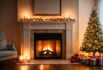 Fototapeta premium Cozy christmas holiday season with fireplace and decorated tree, festive home interior for winter celebration