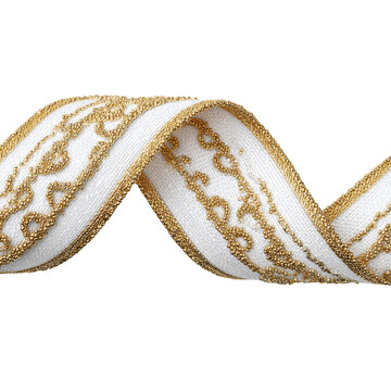 White fabric ribbon with gold glitter scroll pattern and metallic edge trim isolated