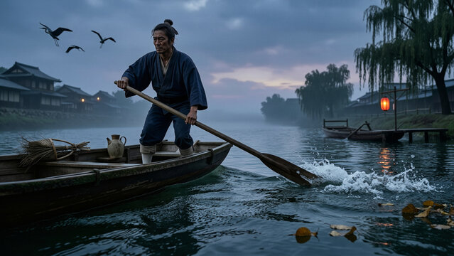 Japanese Man Rowing a Traditional Wooden Boat on Calm Water