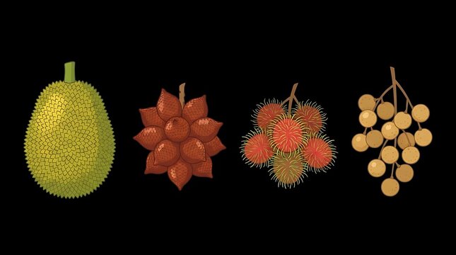 Tropical exotic fruit set on black background illustration.