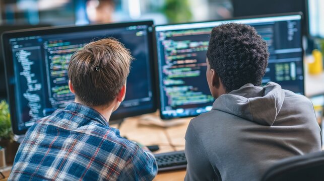 Software Engineers Analyzing Code on Monitors, Collaborating on Software Development, Tech Innovation, Pair Programming, Teamwork